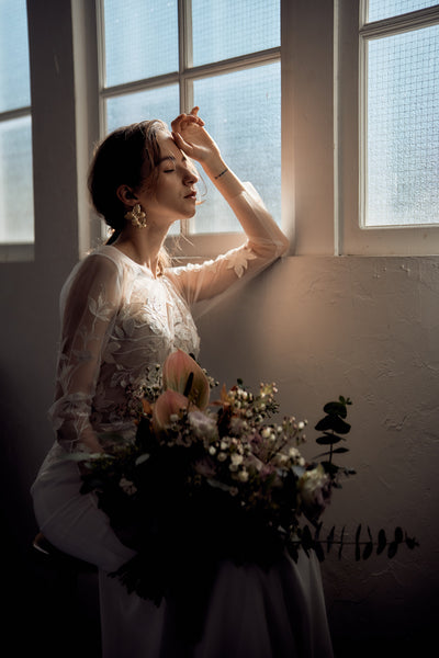 刺繍レース ロングスリーブ バックV ソフトマーメイドドレス(W249)