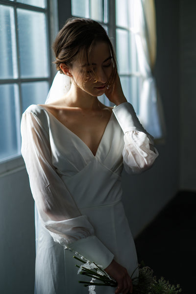 ボリューム袖 Vネック シフォン マーメイドドレス(W203)