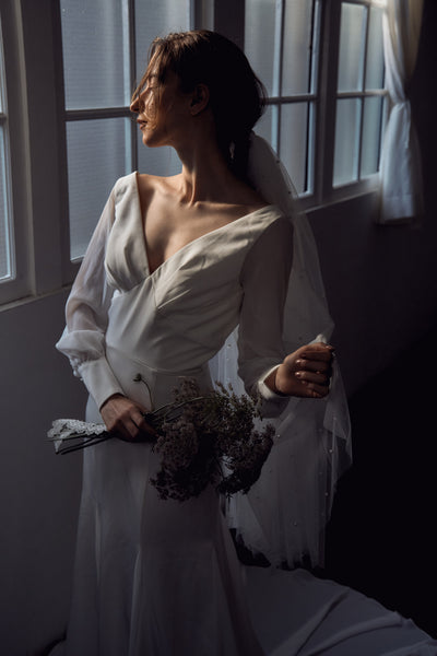 ボリューム袖 Vネック シフォン マーメイドドレス(W203)