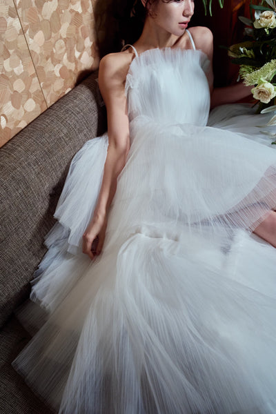 チュール ロングトレーン ミニドレス(W367)