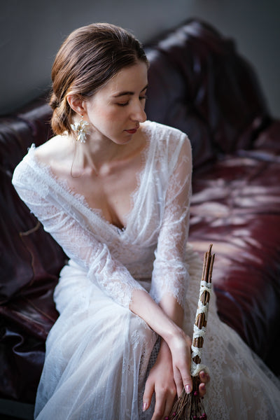 総レース Vネック 七分袖ドレス(W135)