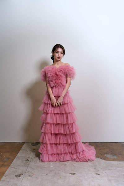 オフショルダー チュール ティアードドレス(W358)