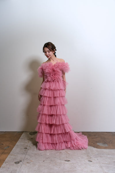 オフショルダー チュール ティアードドレス(W358)