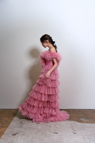 オフショルダー チュール ティアードドレス(W358)