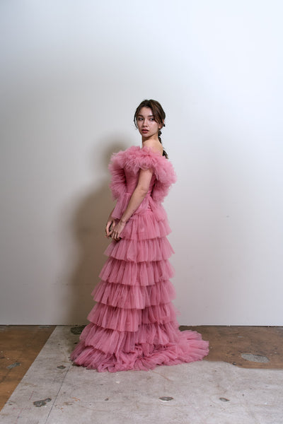 オフショルダー チュール ティアードドレス(W358)