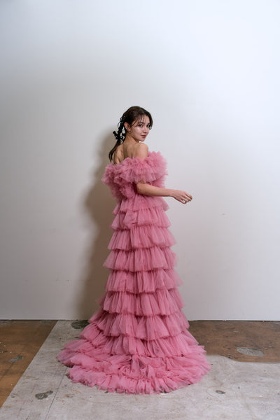 オフショルダー チュール ティアードドレス(W358)