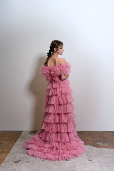 オフショルダー チュール ティアードドレス(W358)