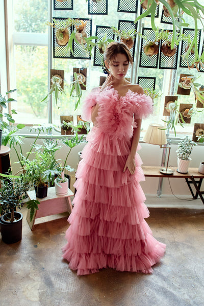 オフショルダー チュール ティアードドレス(W358)