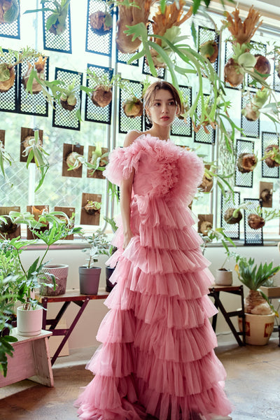 オフショルダー チュール ティアードドレス(W358)