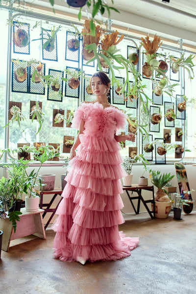 オフショルダー チュール ティアードドレス(W358)