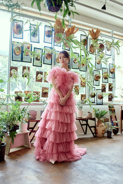 オフショルダー チュール ティアードドレス(W358)