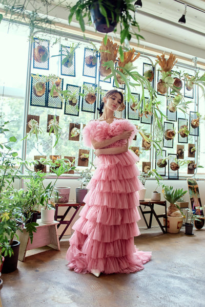 オフショルダー チュール ティアードドレス(W358)