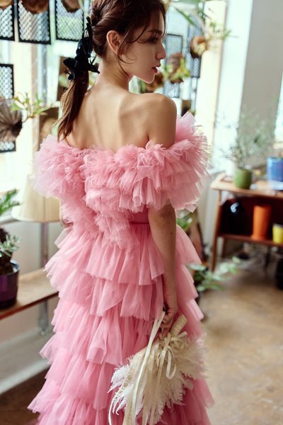 オフショルダー チュール ティアードドレス(W358)