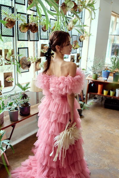 オフショルダー チュール ティアードドレス(W358)