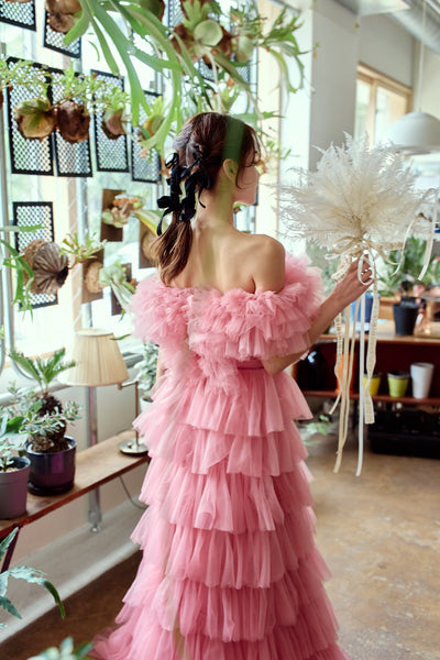 オフショルダー チュール ティアードドレス(W358)