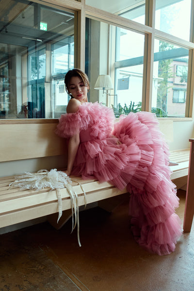 オフショルダー チュール ティアードドレス(W358)