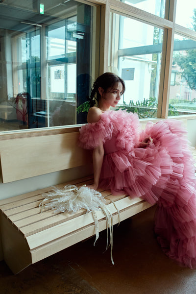 オフショルダー チュール ティアードドレス(W358)