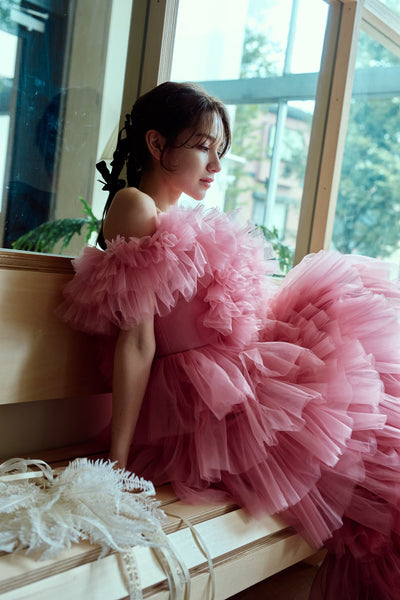 オフショルダー チュール ティアードドレス(W358)