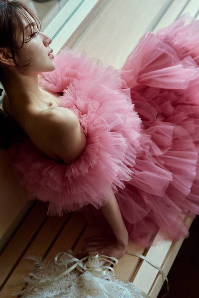 オフショルダー チュール ティアードドレス(W358)