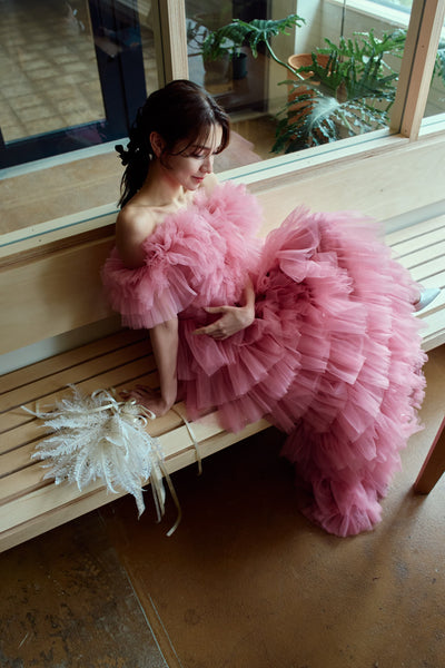 オフショルダー チュール ティアードドレス(W358)