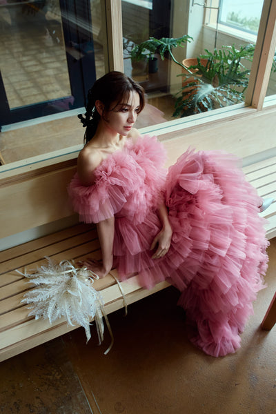 オフショルダー チュール ティアードドレス(W358)