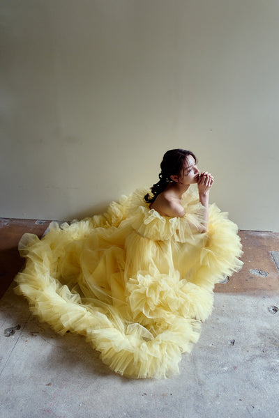 オフショルダー テールカット フリルドレス(W357)