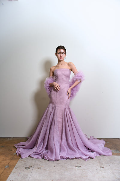 フリルスリーブ ベアトップ ソフトマーメイドドレス(W361)