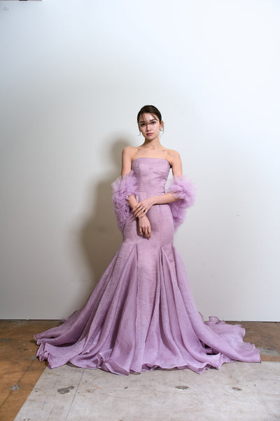 フリルスリーブ ベアトップ ソフトマーメイドドレス(W361)