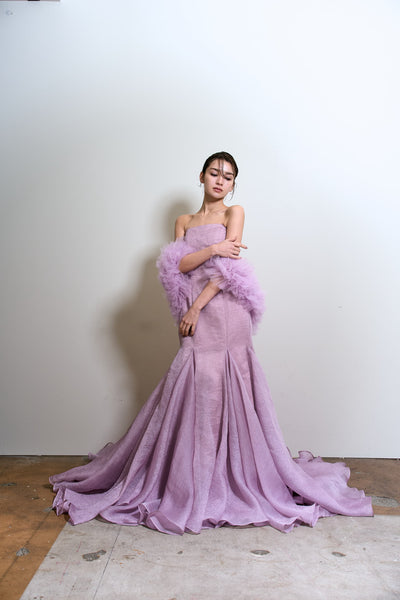 フリルスリーブ ベアトップ ソフトマーメイドドレス(W361)