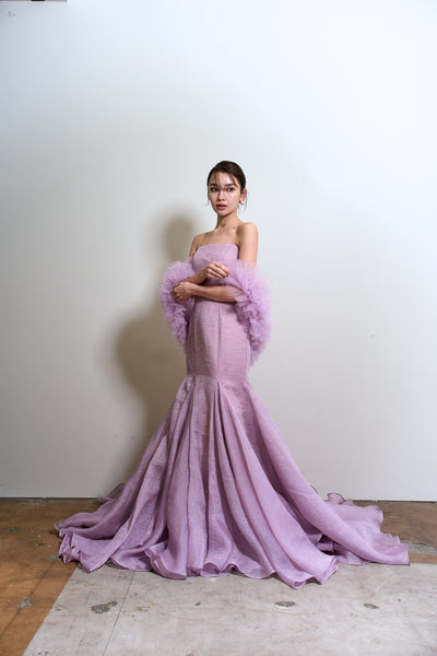 フリルスリーブ ベアトップ ソフトマーメイドドレス(W361)