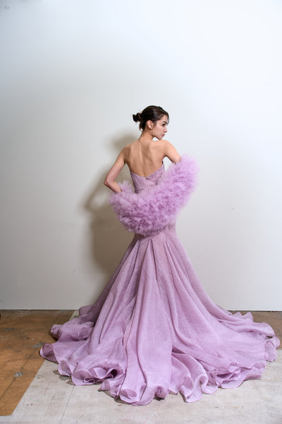 フリルスリーブ ベアトップ ソフトマーメイドドレス(W361)