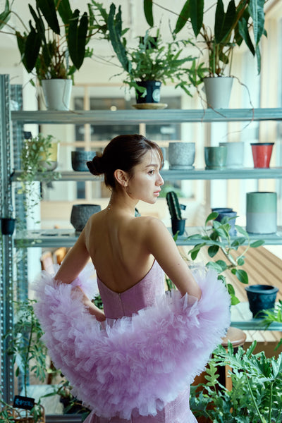 フリルスリーブ ベアトップ ソフトマーメイドドレス(W361)