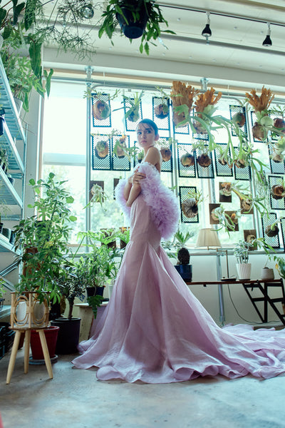 フリルスリーブ ベアトップ ソフトマーメイドドレス(W361)