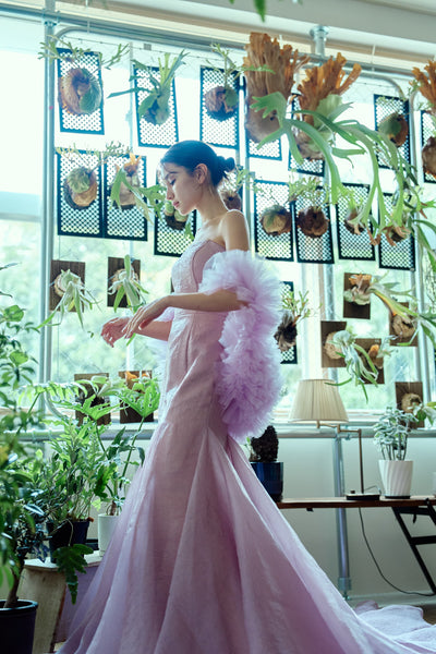 フリルスリーブ ベアトップ ソフトマーメイドドレス(W361)