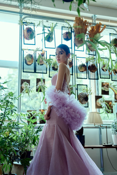 フリルスリーブ ベアトップ ソフトマーメイドドレス(W361)