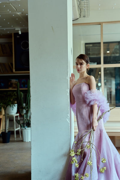 フリルスリーブ ベアトップ ソフトマーメイドドレス(W361)