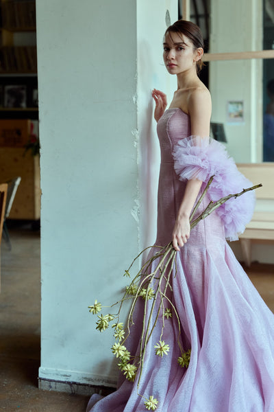 フリルスリーブ ベアトップ ソフトマーメイドドレス(W361)