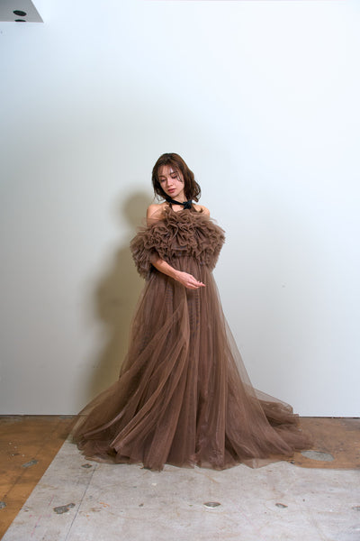 ボリュームフリルショルダー Aラインドレス(W356)