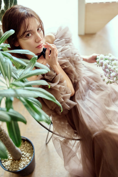 ボリュームフリルショルダー Aラインドレス(W356)