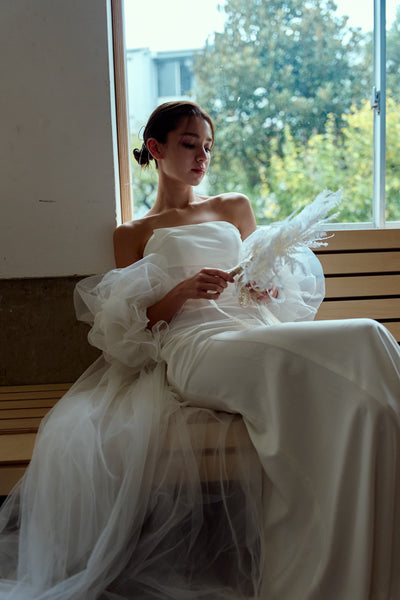 3way パフスリーブ バックトレーン ベアトップドレス(W282)