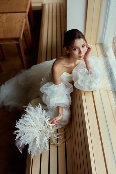 3way パフスリーブ バックトレーン ベアトップドレス(W282)