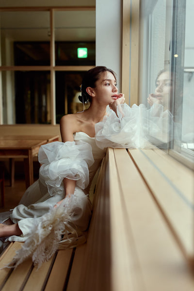 3way パフスリーブ バックトレーン ベアトップドレス(W282)