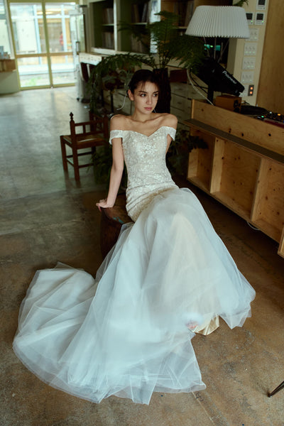 オフショルダー レース マーメイドドレス(W355)