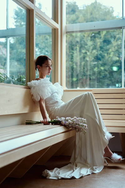 フリルスリーブ ソフトマーメイドドレス(W366)