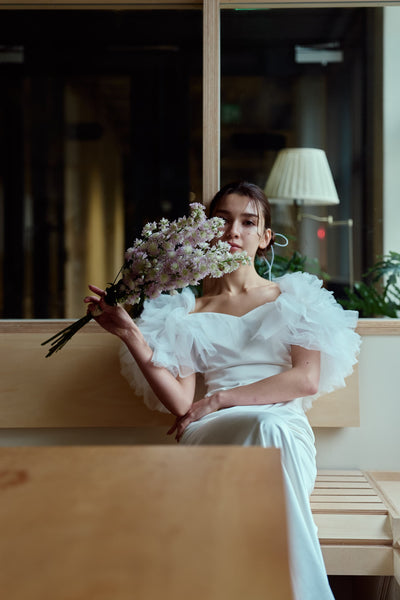 フリルスリーブ ソフトマーメイドドレス(W366)