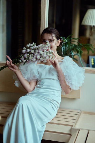 フリルスリーブ ソフトマーメイドドレス(W366)