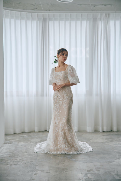 スクエアネック パフスリーブ 総レースドレス(W314)