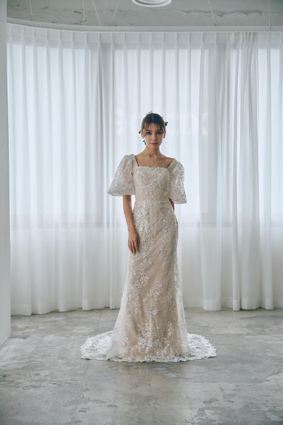 スクエアネック パフスリーブ 総レースドレス(W314)