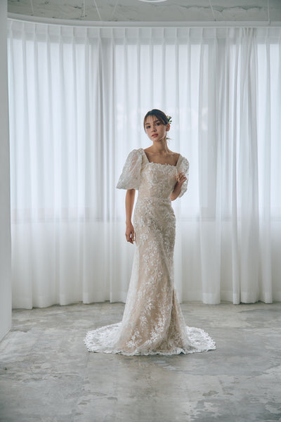 スクエアネック パフスリーブ 総レースドレス(W314)