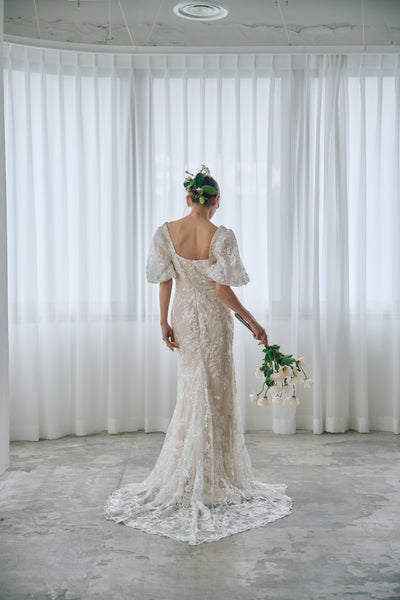 スクエアネック パフスリーブ 総レースドレス(W314)